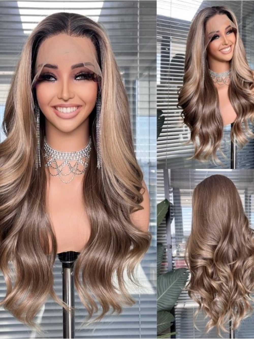 Luxury Long Wavy Lace Front Wig Brown Blonde Highlights Futura Synthetic 13x4